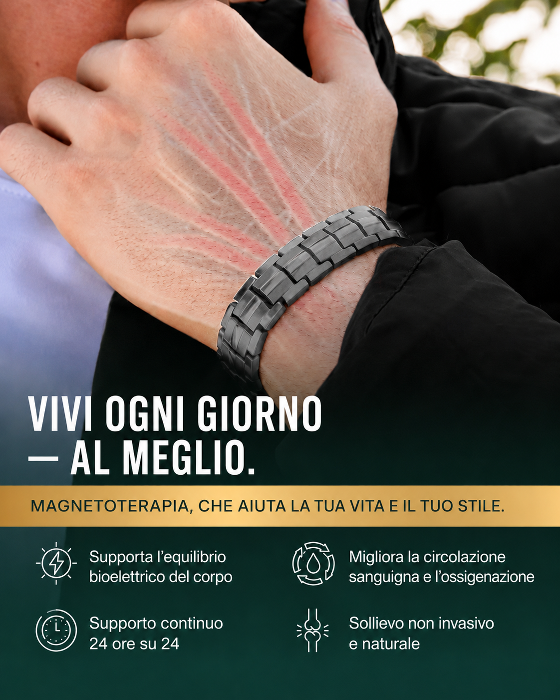 MagnetRX® Bracciale magnetico da uomo – i magneti sono 5 volte più potenti del modello EllipseMAX con una potenza di 5000 Gauss – design americano e sistema brevettato – bracciale magnetico da uomo in titanio premium con lunghezza regolabile