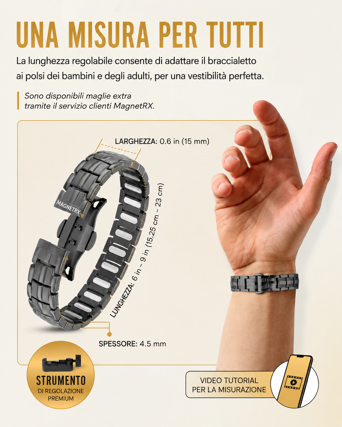 MagnetRX® Bracciale magnetico da uomo – i magneti sono 5 volte più potenti del modello EllipseMAX con una potenza di 5000 Gauss – design americano e sistema brevettato – bracciale magnetico da uomo in titanio premium con lunghezza regolabile