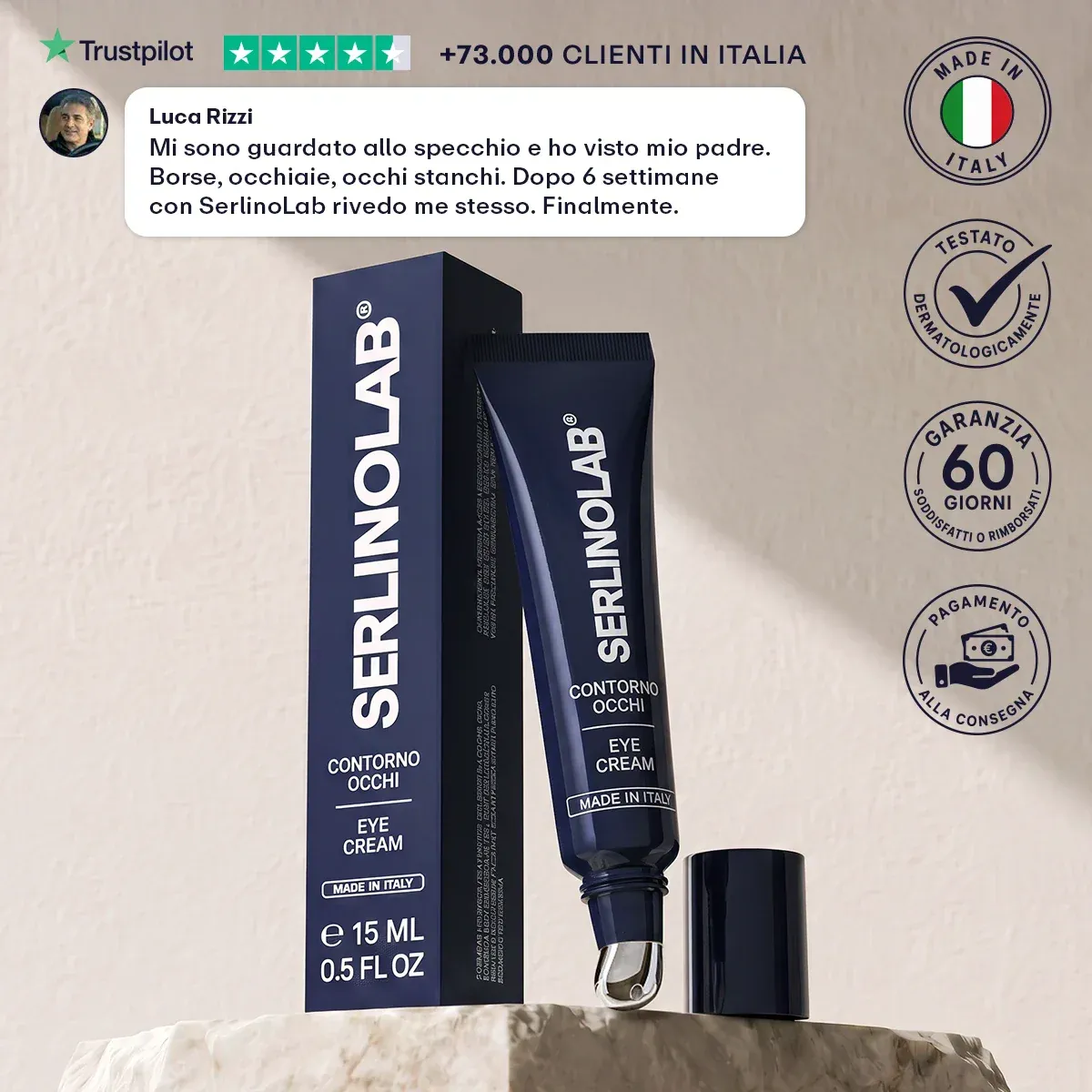 "Lo uso da 2 settimane, un collega mi ha chiesto se sono stato in vacanza... finalmente addio borse e occhiaie!!"
