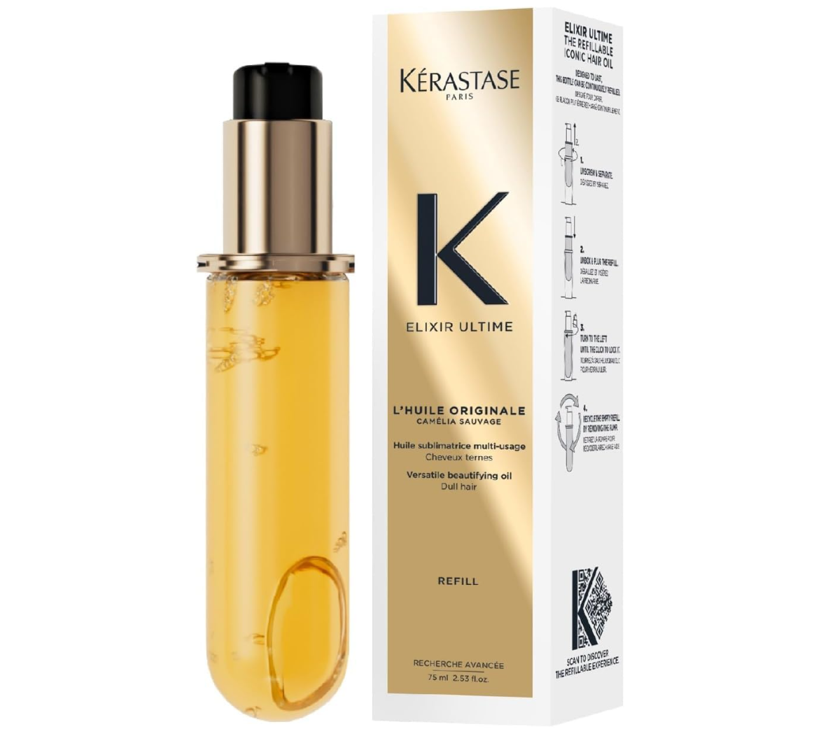 Kérastase Elixir Ultime Olio per Capelli Nutriente** Nutre i capelli spenti e opachi, adatto a tutti i tipi di capelli. Rinforza la fibra capillare e protegge i capelli dai danni causati dal calore.