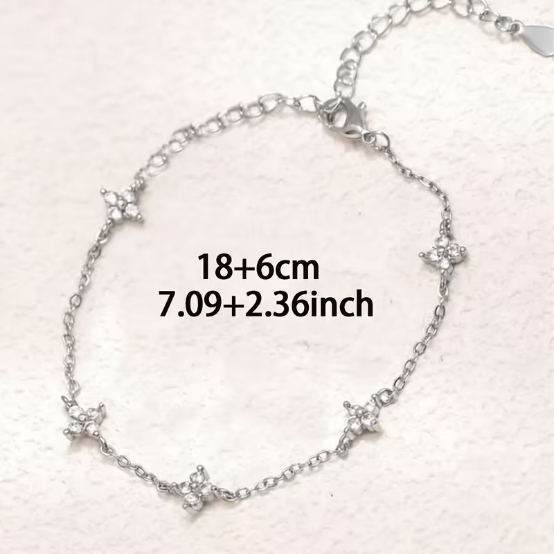 Bracciale da donna in acciaio inossidabile con quadrifoglio e ciondolo stelle incastonato di zirconi, modello versatile, ideale per uso quotidiano e regalo per la Festa della Mamma