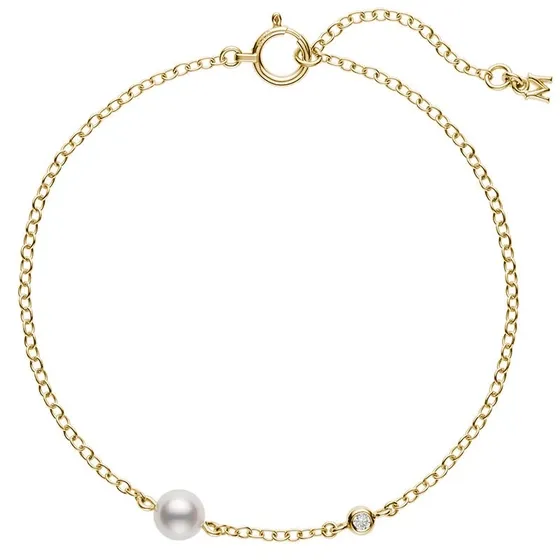 Bracciale Station con perla coltivata Akoya singola e diamanti in oro giallo 18 carati