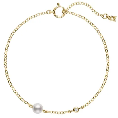 Bracciale Station con perla coltivata Akoya singola e diamanti in oro giallo 18 carati