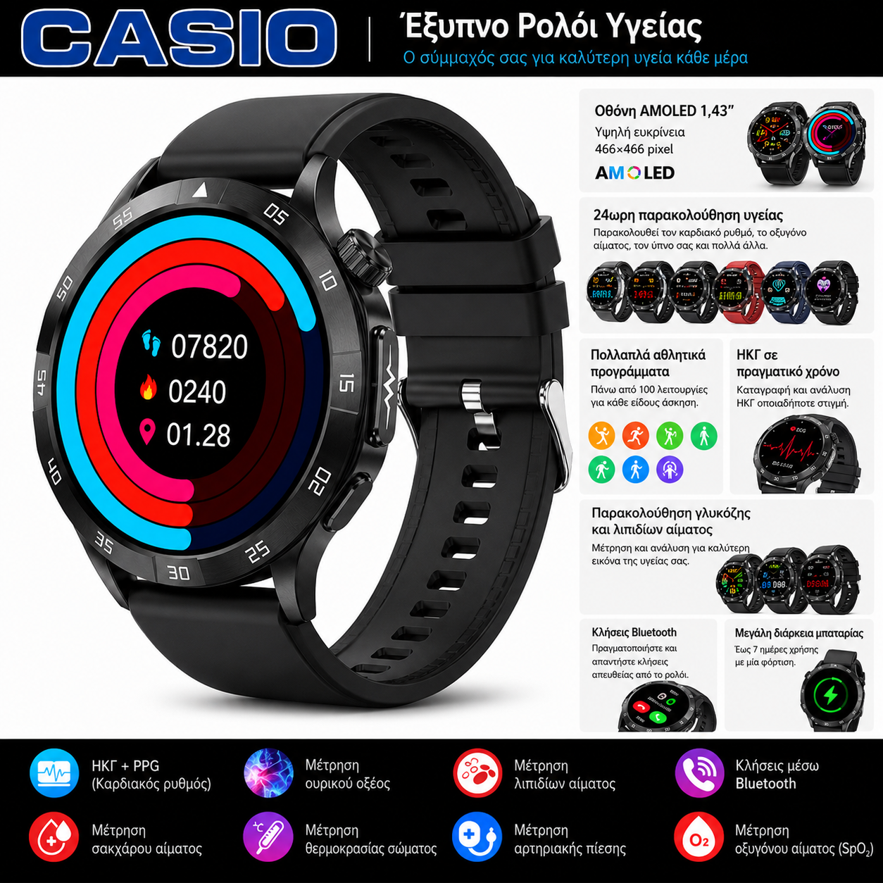 Έξυπνο ρολόι Casio 2026 – Παρακολούθηση σακχάρου, ΗΚΓ και βασικών παραμέτρων υγείας