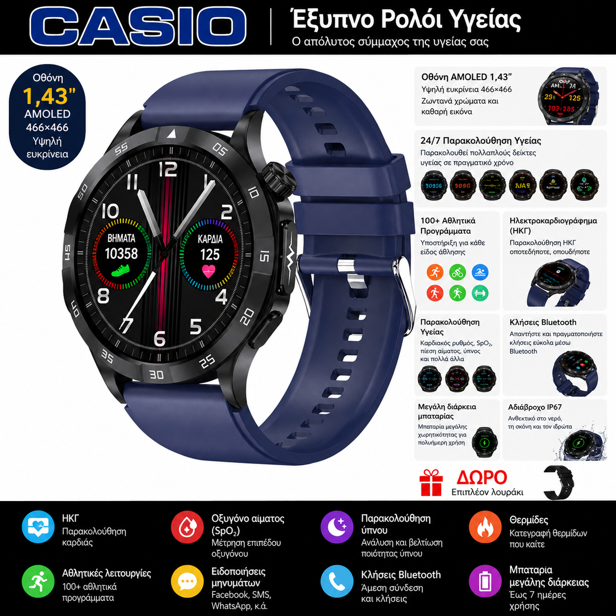 Έξυπνο ρολόι Casio 2026 – Παρακολούθηση σακχάρου, ΗΚΓ και βασικών παραμέτρων υγείας