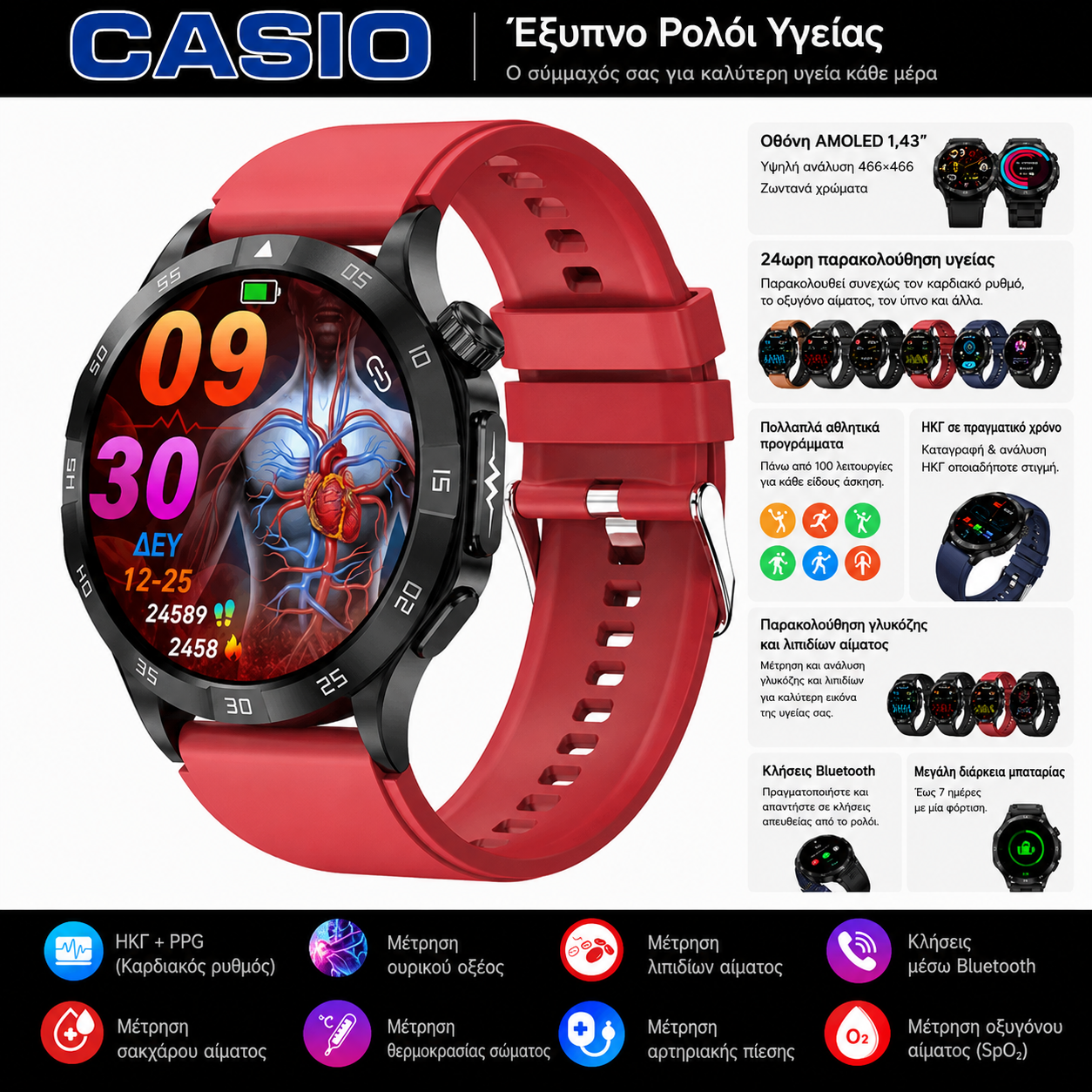 Έξυπνο ρολόι Casio 2026 – Παρακολούθηση σακχάρου, ΗΚΓ και βασικών παραμέτρων υγείας