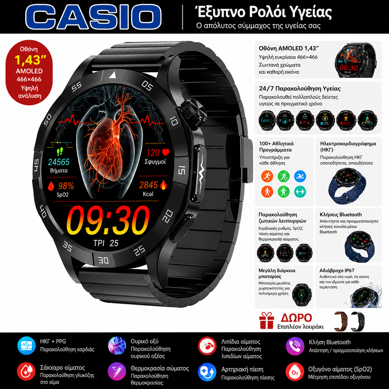 Έξυπνο ρολόι Casio 2026 – Παρακολούθηση σακχάρου, ΗΚΓ και βασικών παραμέτρων υγείας