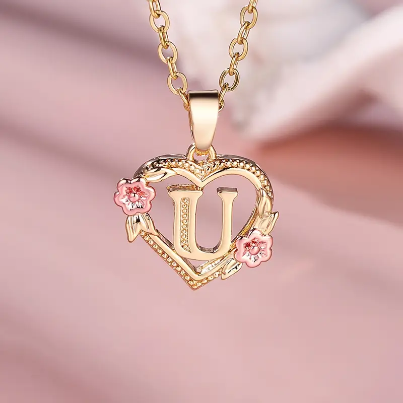 🎁A~Z Naszyjnik z literą miłosną👑Elegancki i uroczy naszyjnik z różowego złota Biżuteria na prezent na Walentynki