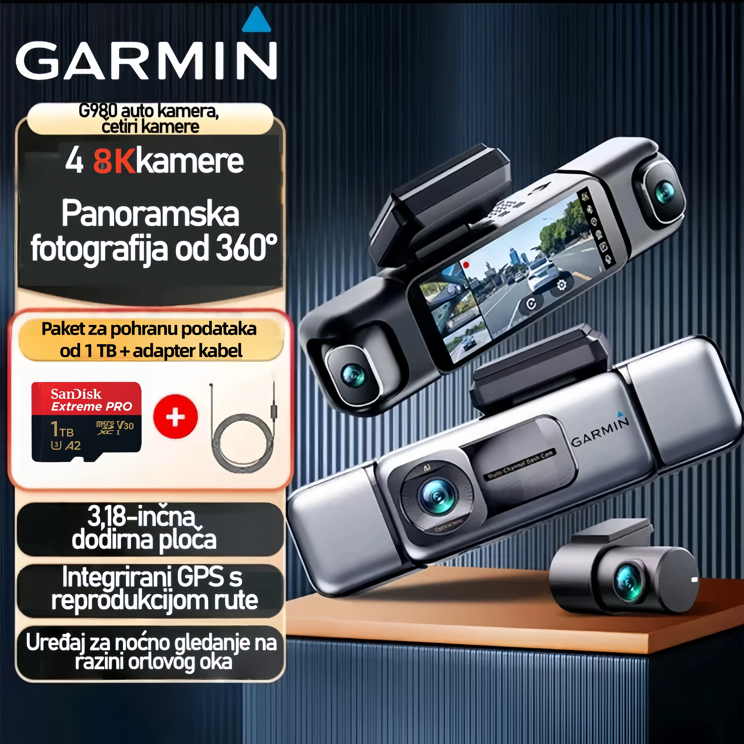 Garmin G980 kamera za automobil s umjetnom inteligencijom i glasovnim upravljanjem, četiri kamere, panoramskim pogledom od 360°, 4K Ultra HD noćnim vidom i GPS praćenjem