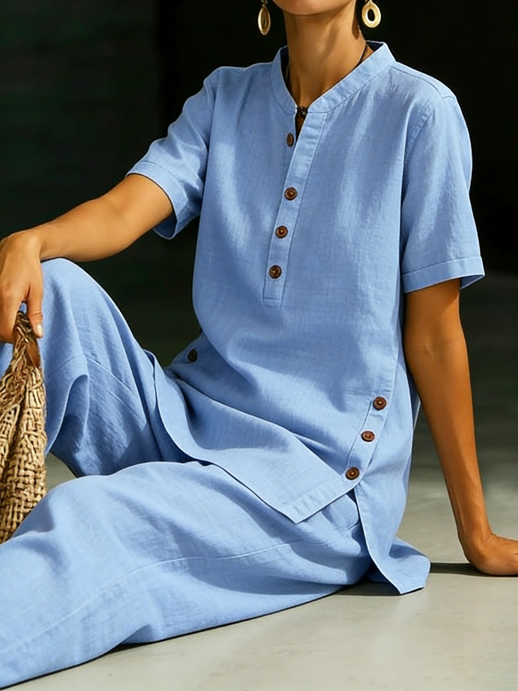 Cozy Casual Button Shirt And Wide-leg Pants Linen Two-piece Set