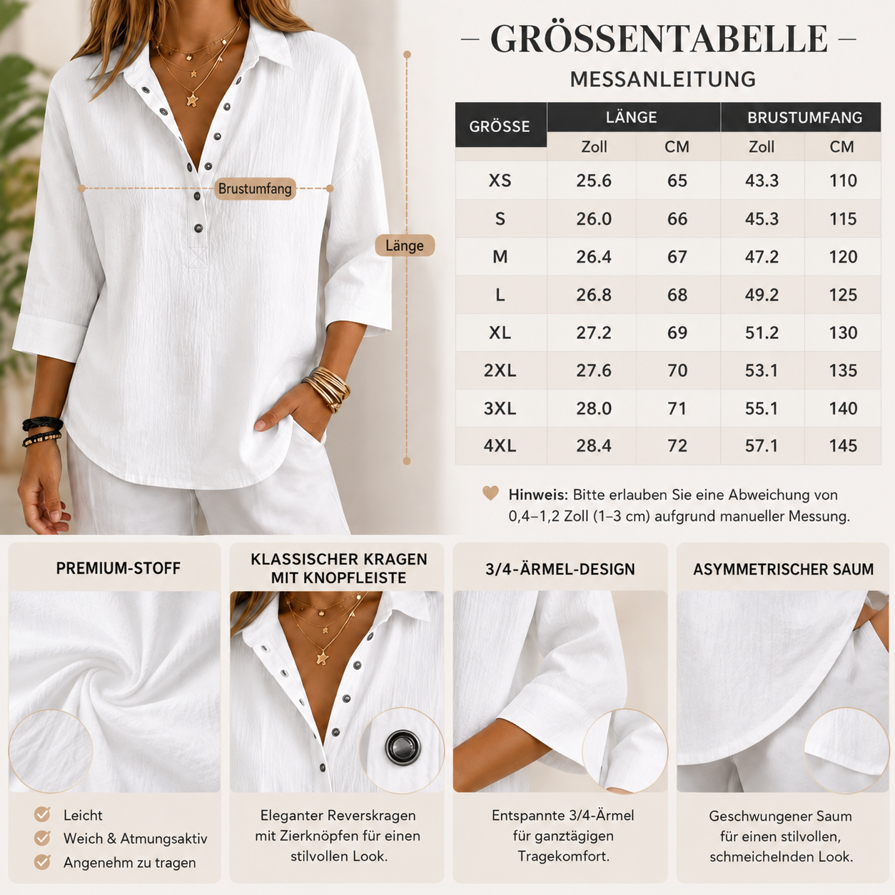 Neu eingetroffen! Lässiges Damen-Henley-Shirt aus Leinenmischgewebe mit 3/4-Ärmeln