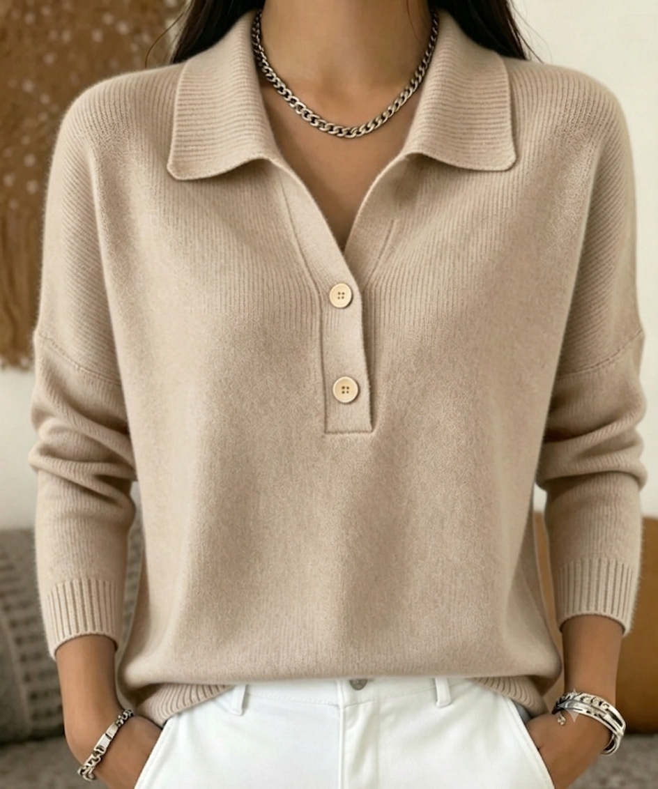 Damen-Strickpullover mit Polokragen und zwei Knöpfen, locker geschnitten