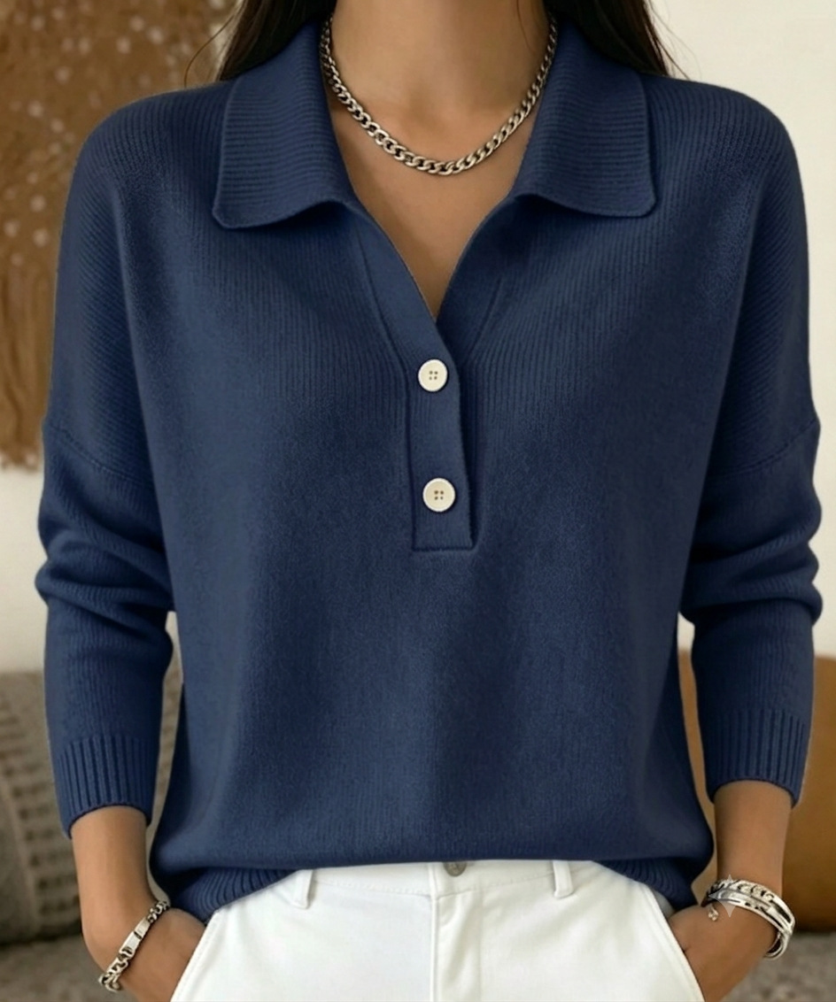 Damen-Strickpullover mit Polokragen und zwei Knöpfen, locker geschnitten