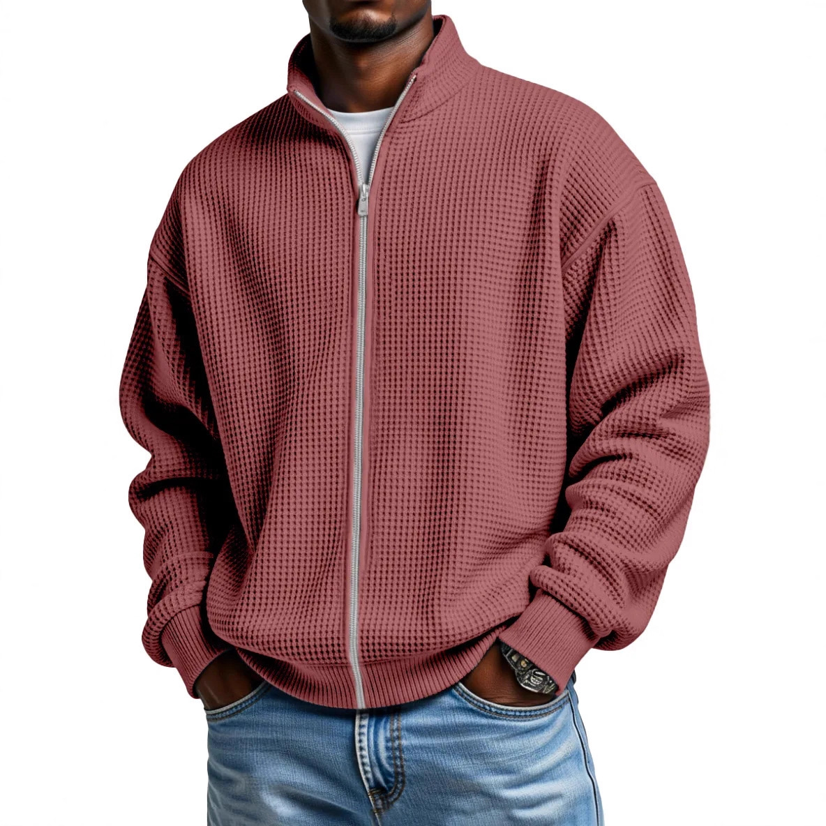 Herren-Waffelstrickjacke mit Reißverschluss