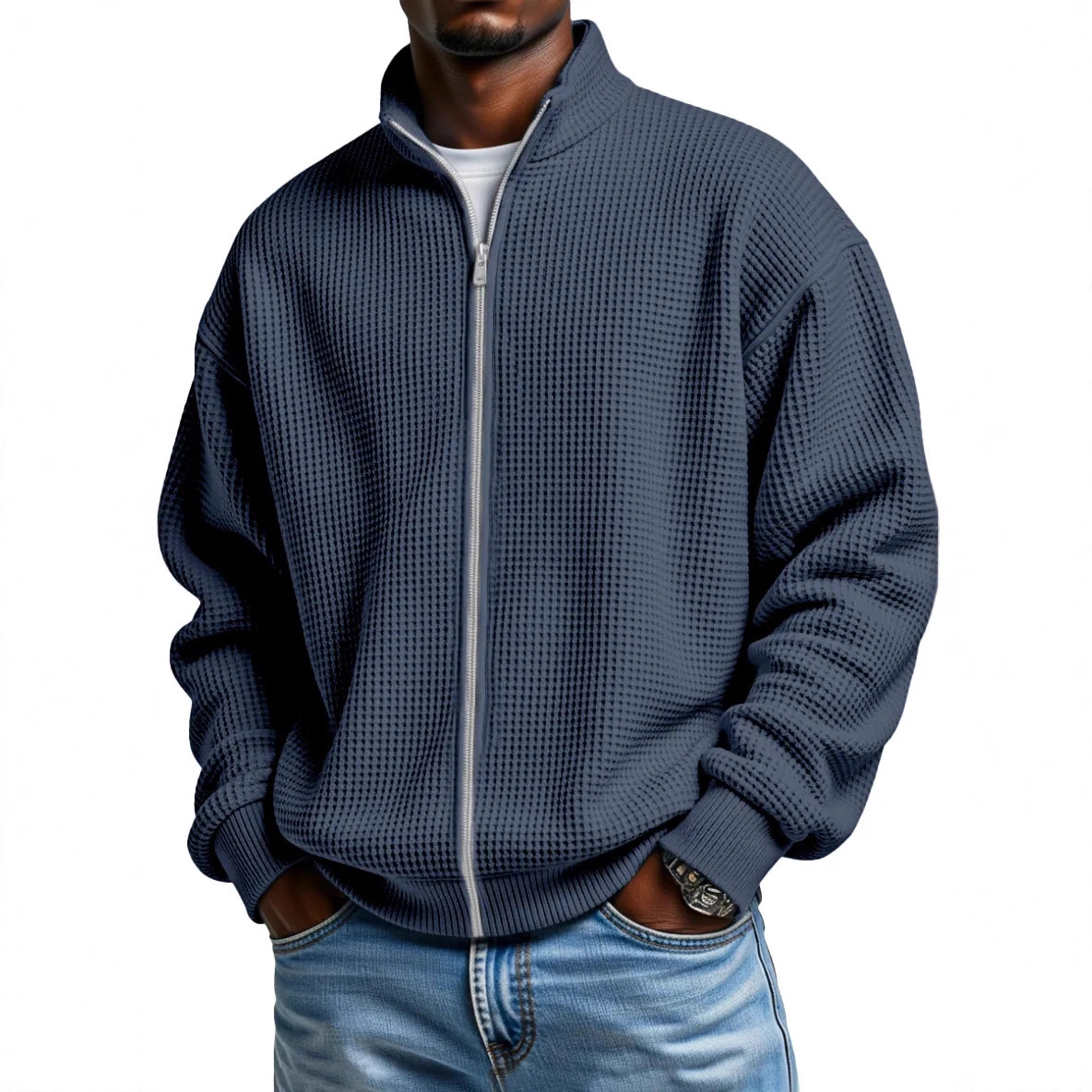 Herren-Waffelstrickjacke mit Reißverschluss