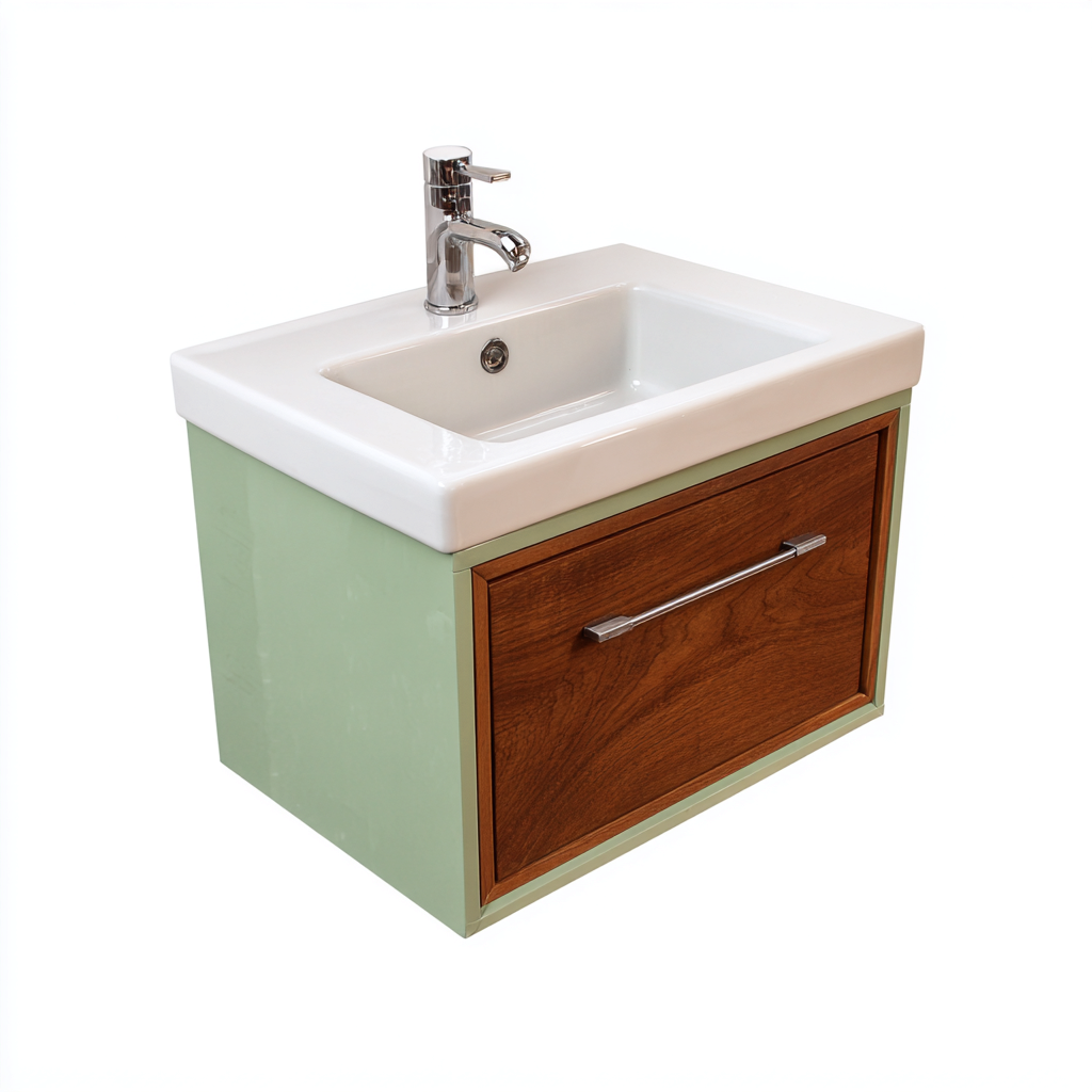 Mobile lavabo - legno-ceramica - 60x44x50 cm - verde-noce - design moderno-Roomgetmart