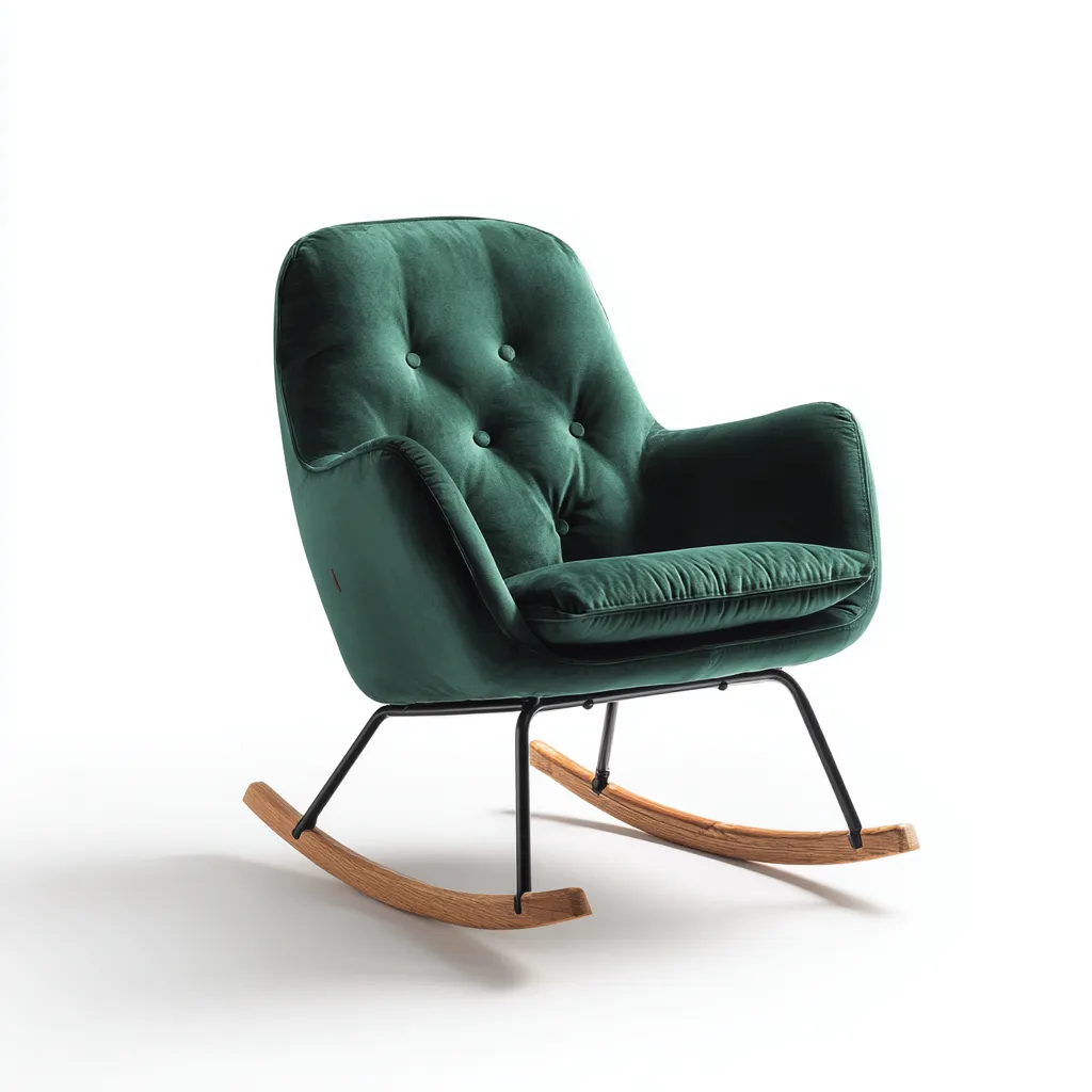 Sedia a dondolo-velluto-metallo-legno-95x80x95 cm-verde scuro-design moderno-Roomgetmart