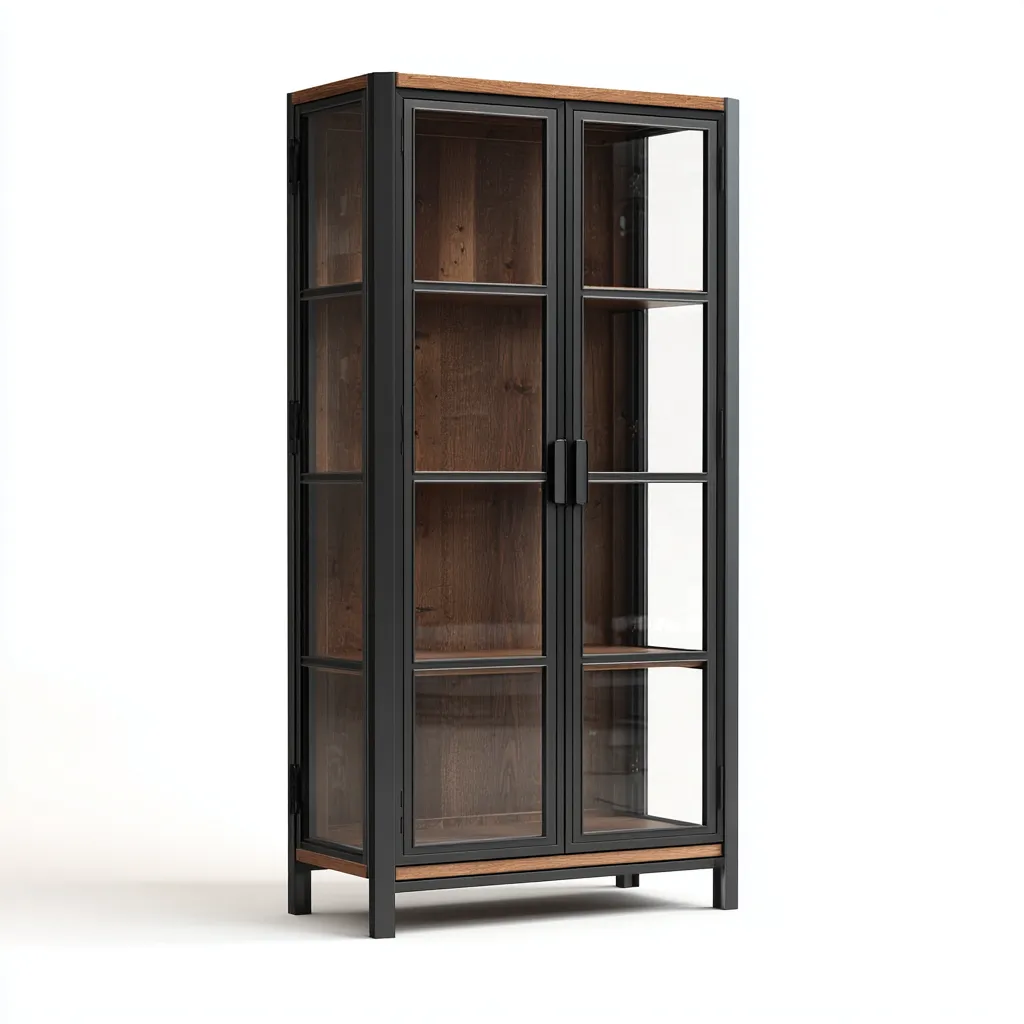 Libreria-metallo-legno-vetro-95x42x182 cm-nero-naturale-design-industriale-Roomgetmart