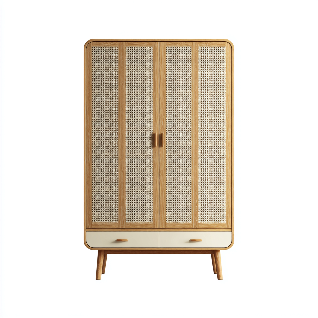Armadio-legno-rattan-108x55x198 cm-marrone-beige-design naturale-Roomgetmart