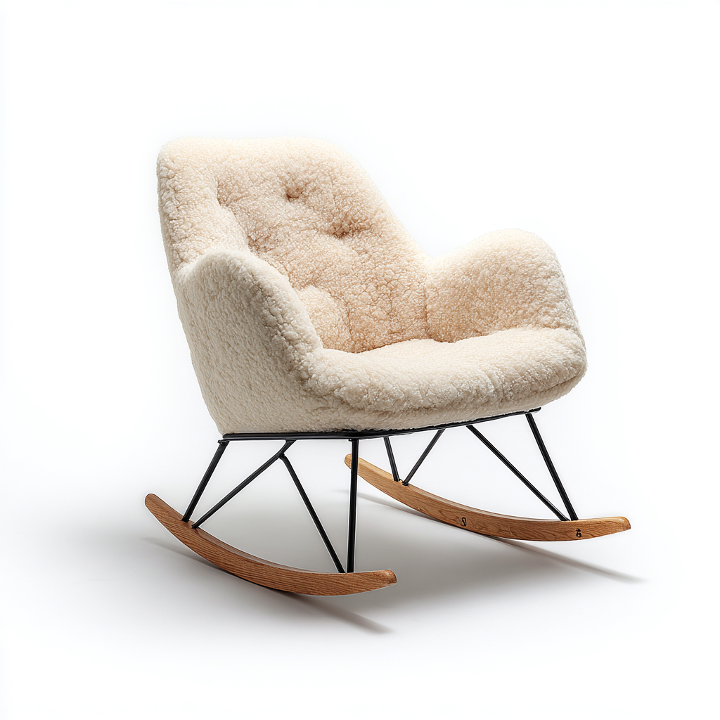 Sedia a dondolo-pelliccia sintetica-metallo-legno-90x75x100 cm-bianco-design moderno-Roomgetmart