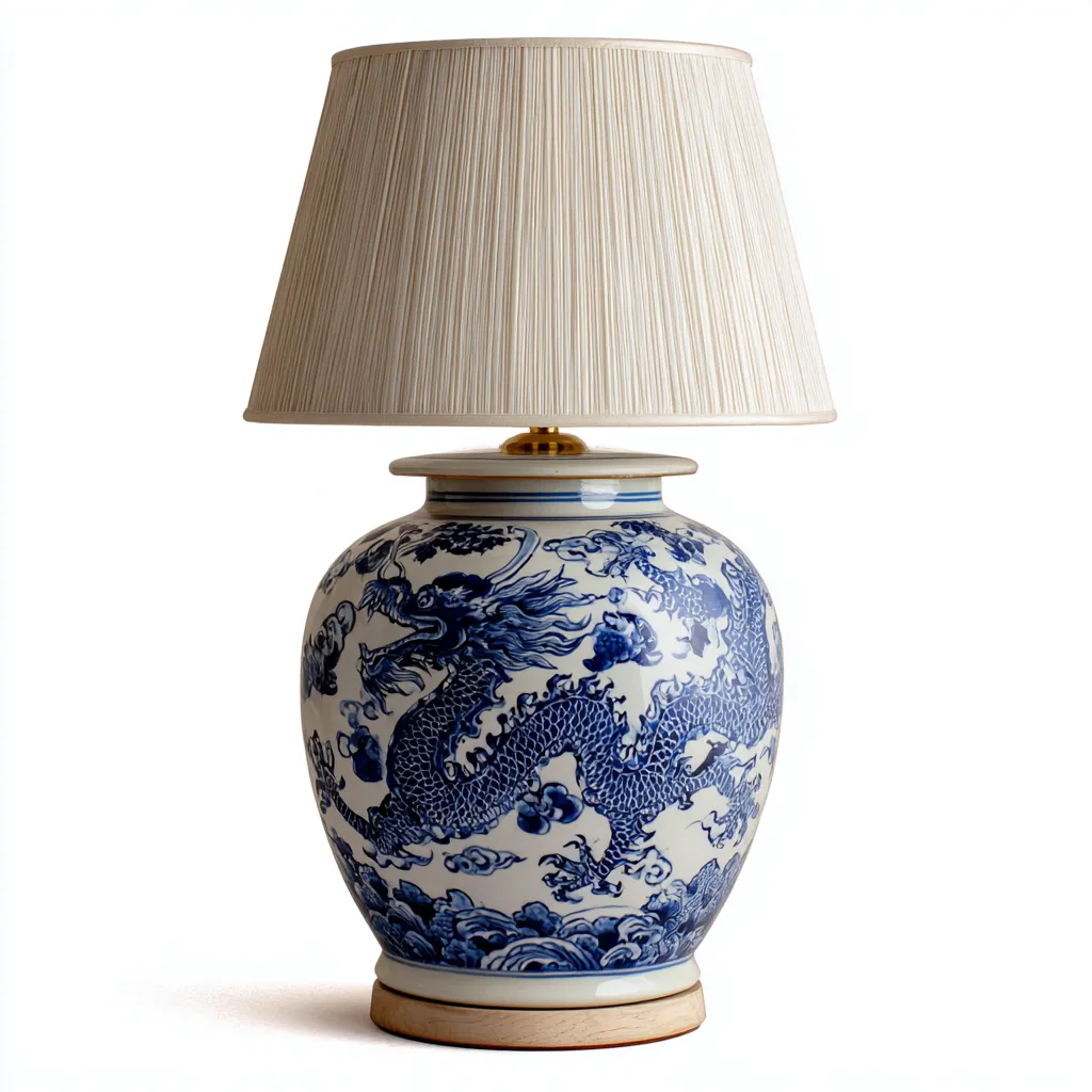 Lampada da tavolo in ceramica e tessuto 30x30x52 cm - bianco-blu-beige - design decorativo-Luxegolab