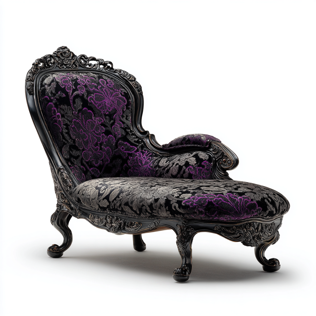 Chaise longue in tessuto damascato e legno intagliato 178x72x93 cm - nero-viola - stile classico-Luxegolab