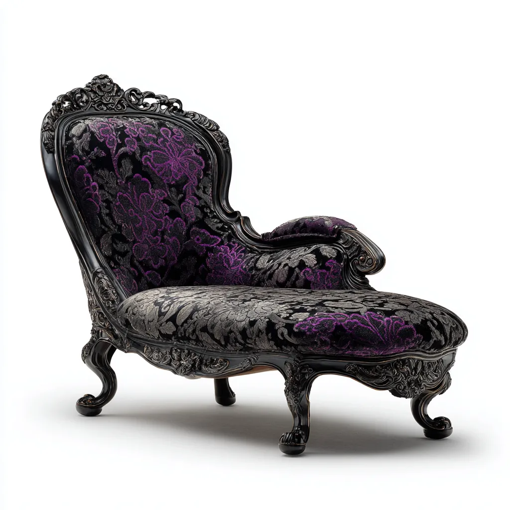 Chaise longue in tessuto damascato e legno intagliato 178x72x93 cm - nero-viola - stile classico-Luxegolab