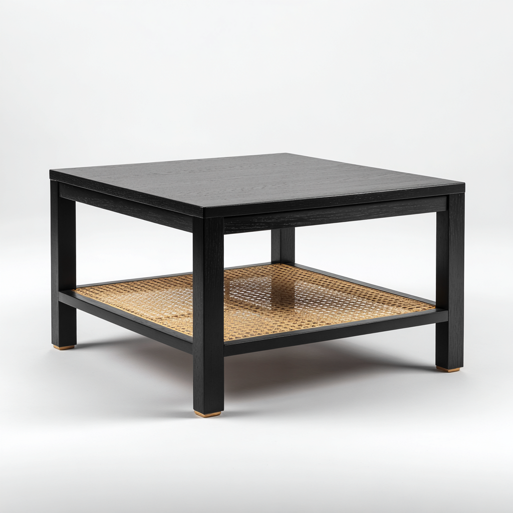 Tavolino da caffè legno-rattan 80x80x45 cm - nero-naturale - stile moderno-Luxegolab