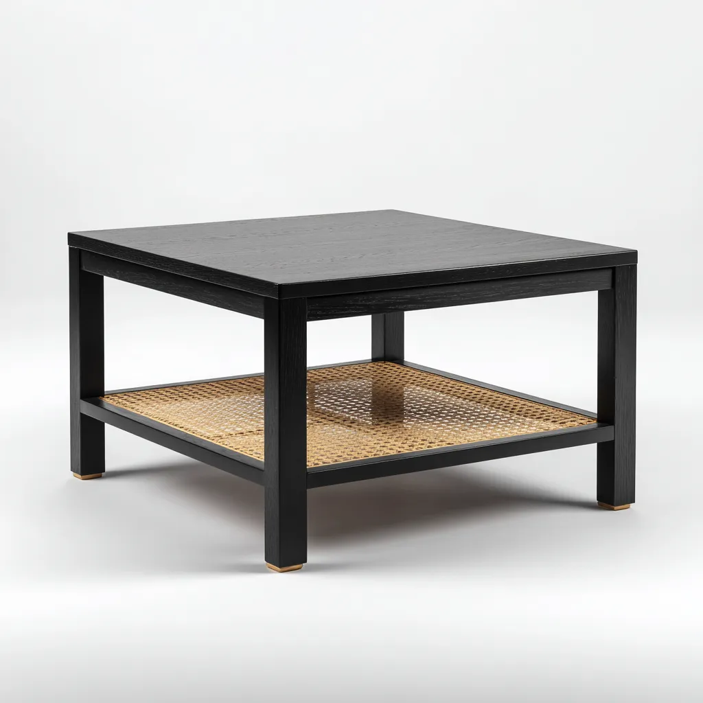 Tavolino da caffè legno-rattan 80x80x45 cm - nero-naturale - stile moderno-Luxegolab