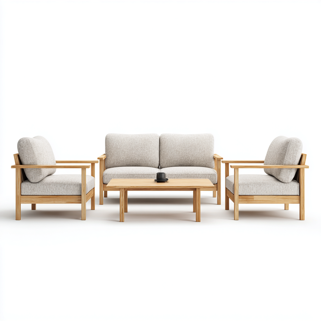 Set divani tessuto 205x88x82 cm - grigio-legno naturale - design minimalista-Luxegolab