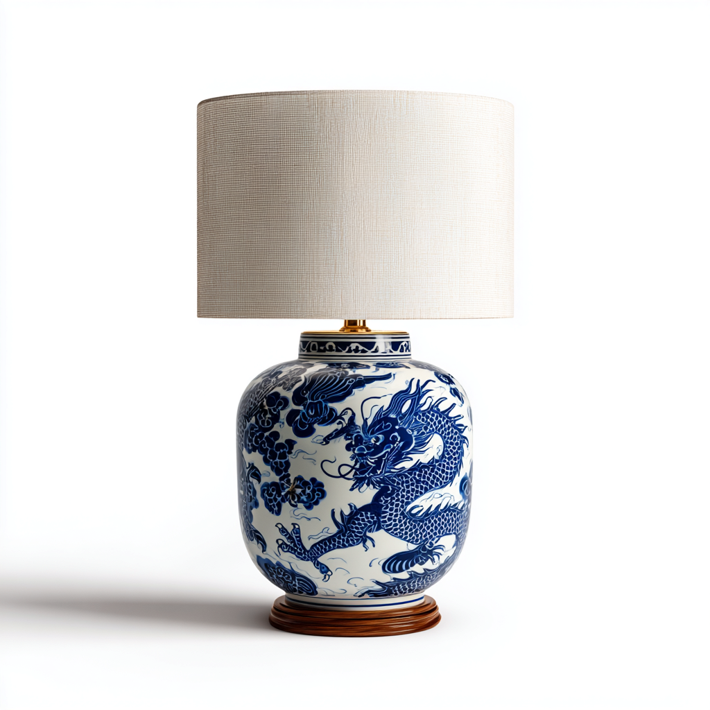 Lampada da tavolo in ceramica e tessuto 34x34x58 cm colore bianco-blu design classico per illuminazione interna-Luxegolab