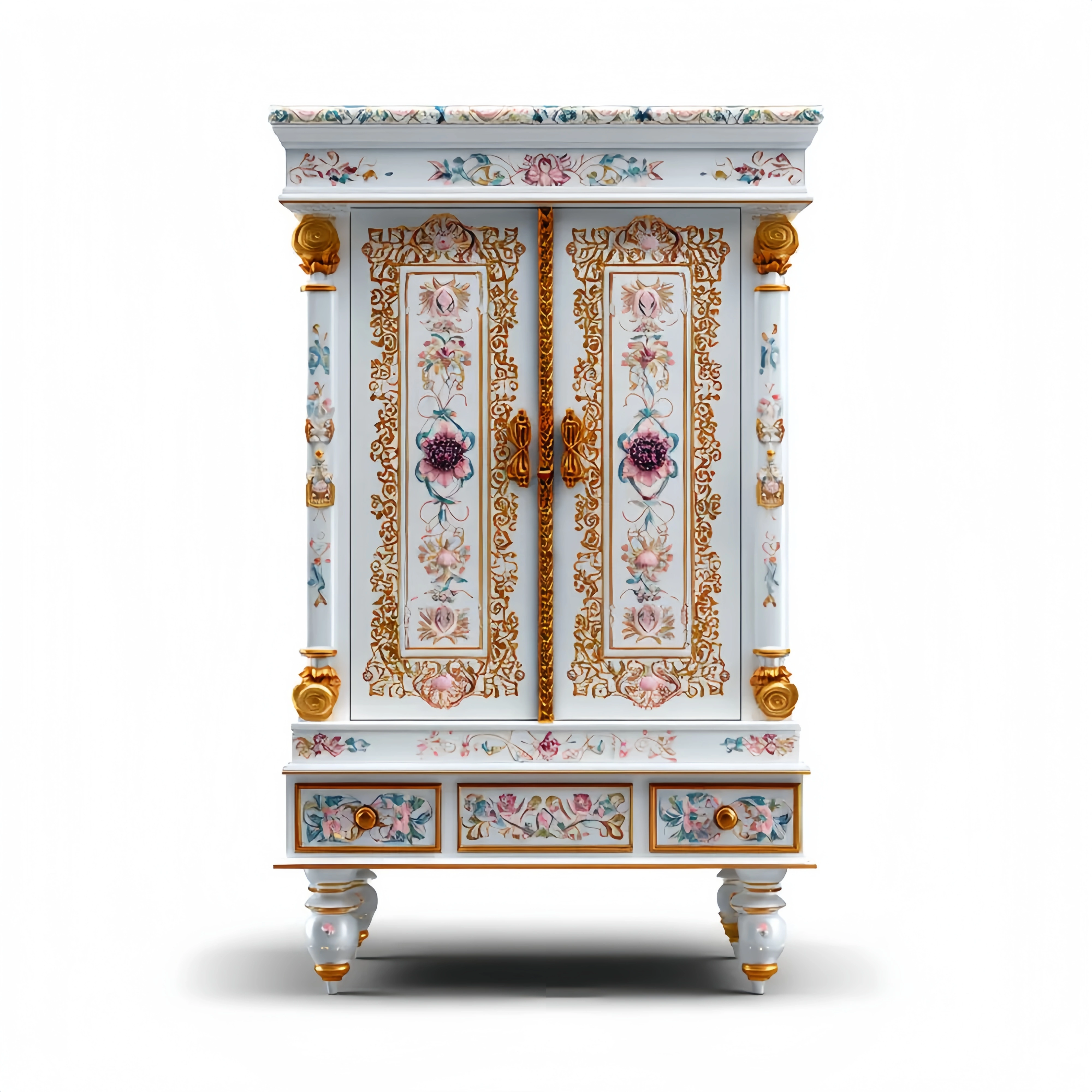 Klassischer Aufbewahrungsschrank 110x60x190 cm Massivholz - Weiß/Gold