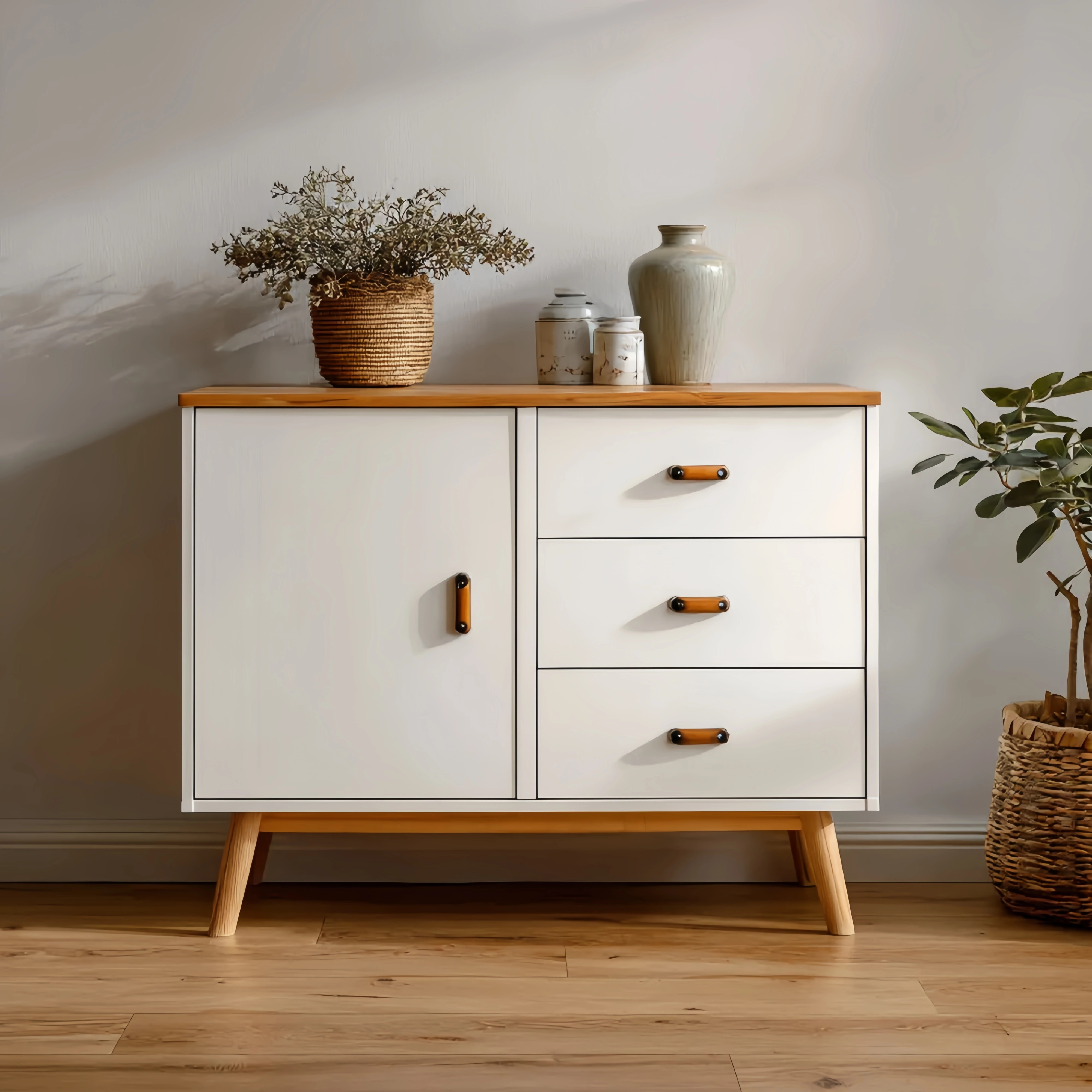 Aufbewahrungsschrank Holz 80x35x78 cm – Weiß/Holz – Skandinavisches Design