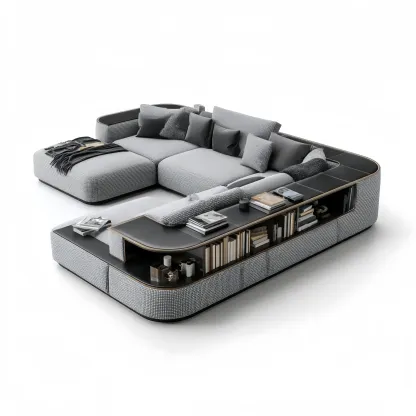 Modernes Ecksofa mit Bücherregal 300x200x60 cm – Hellgrau