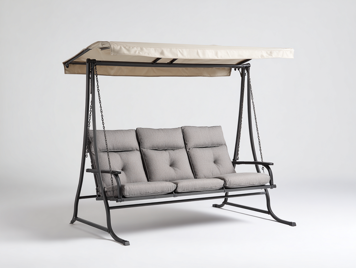 Silla colgante de jardín estructura metálica con techo 215x120x185 cm - gris claro - negro - diseño moderno para exterior-Denmybay