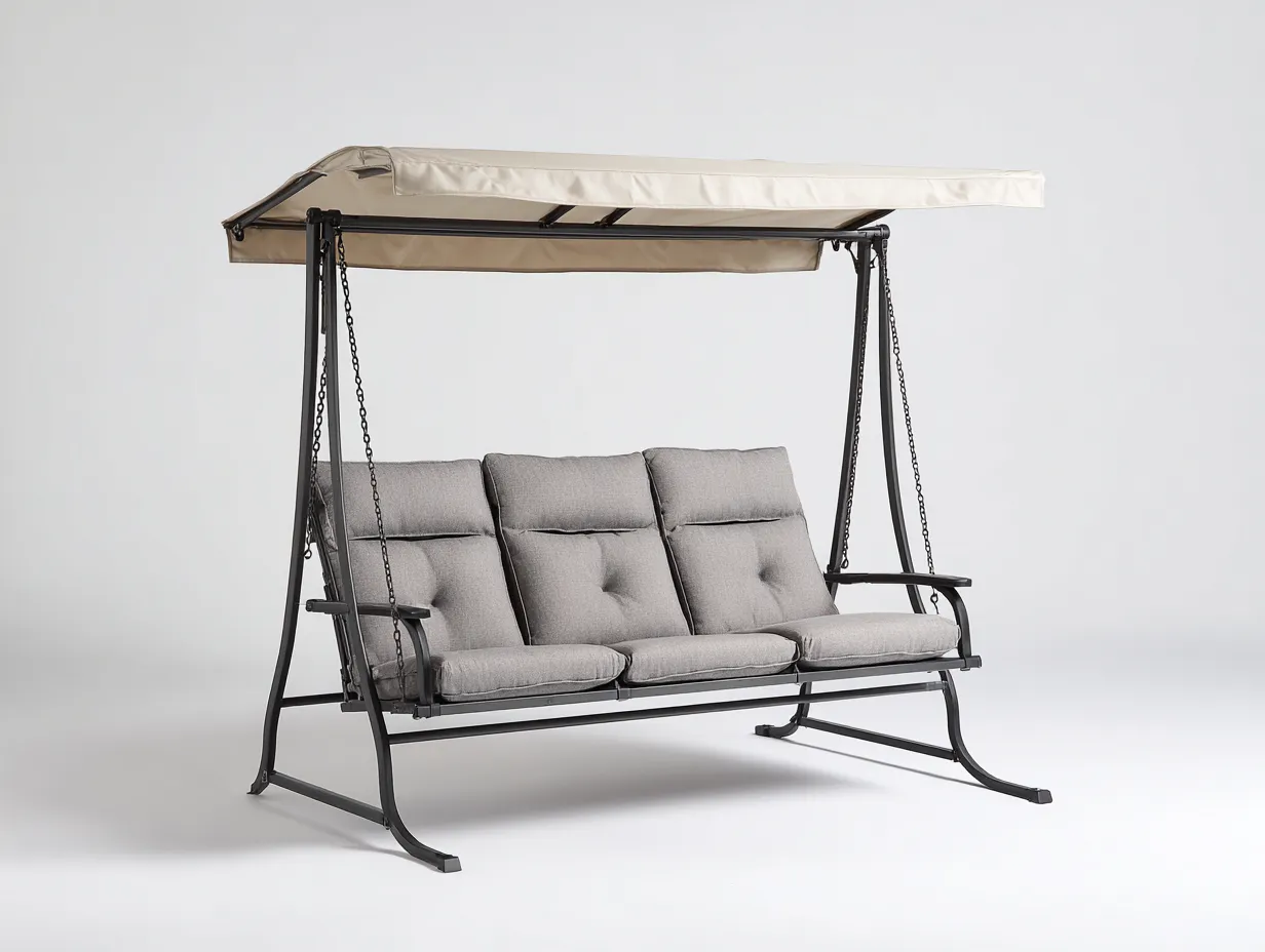 Silla colgante de jardín estructura metálica con techo 215x120x185 cm - gris claro - negro - diseño moderno para exterior-Denmybay