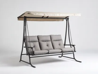 Silla colgante de jardín estructura metálica con techo 215x120x185 cm - gris claro - negro - diseño moderno para exterior-Denmybay