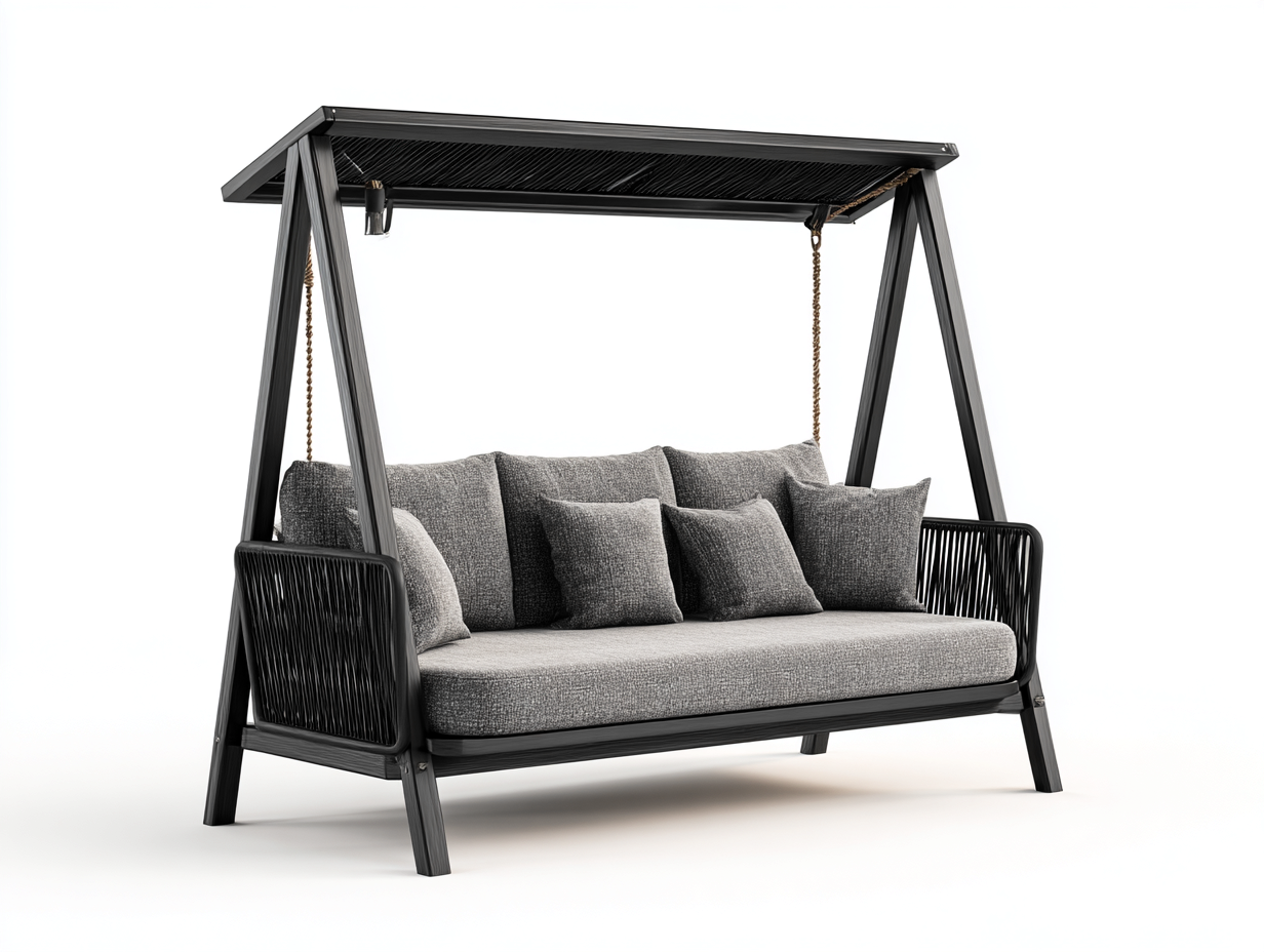 Silla colgante de jardín estructura metálica con techo 210x120x185 cm - gris - negro - diseño moderno para exterior-Denmybay