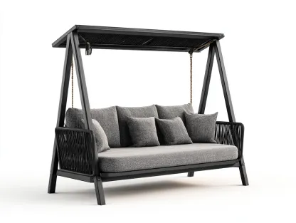 Silla colgante de jardín estructura metálica con techo 210x120x185 cm - gris - negro - diseño moderno para exterior-Denmybay