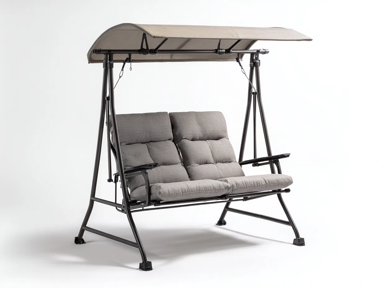 Silla colgante de jardín estructura metálica con techo 170x115x165 cm - gris - negro - beige - diseño funcional para exterior-Denmybay