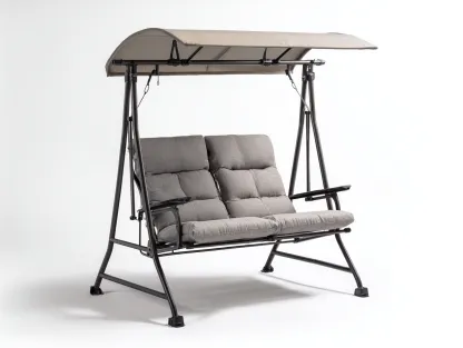 Silla colgante de jardín estructura metálica con techo 170x115x165 cm - gris - negro - beige - diseño funcional para exterior-Denmybay