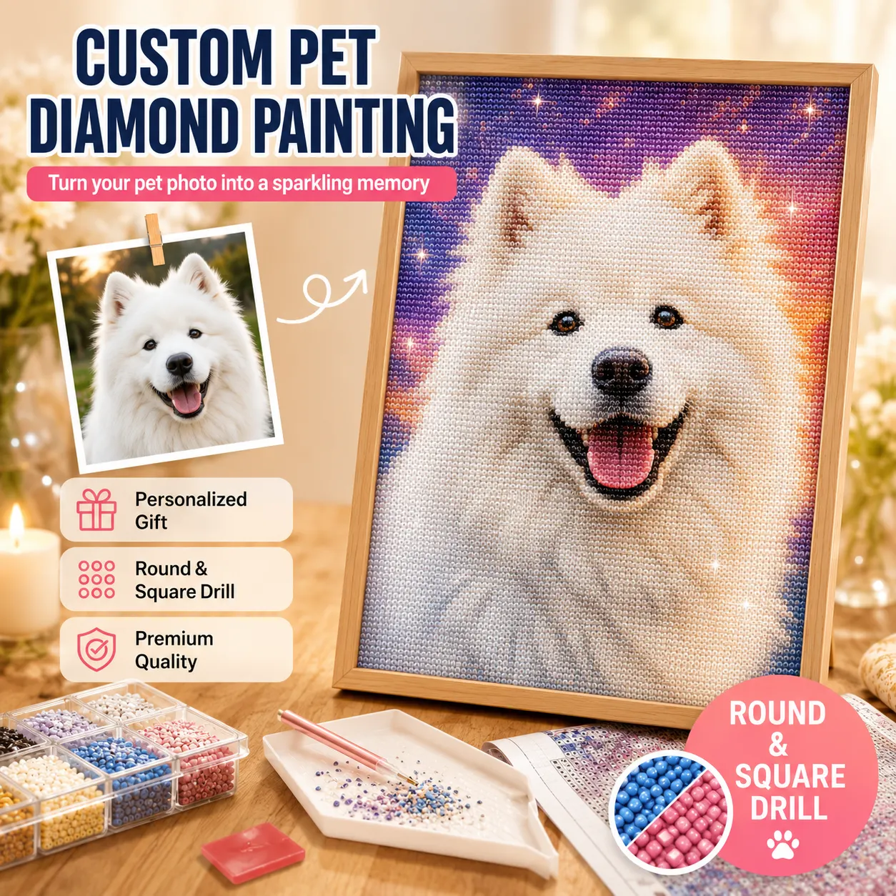 Custom Pet Diamond Painting Kit – Personalized 5D Art from Your Photo