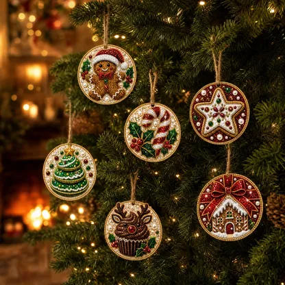 6 Pcs Christmas Wooden Ornaments DIY Pearls Diamond Painting Kit Rhinestone Art Pendants with Hemp Rope for Holiday Tree Decor