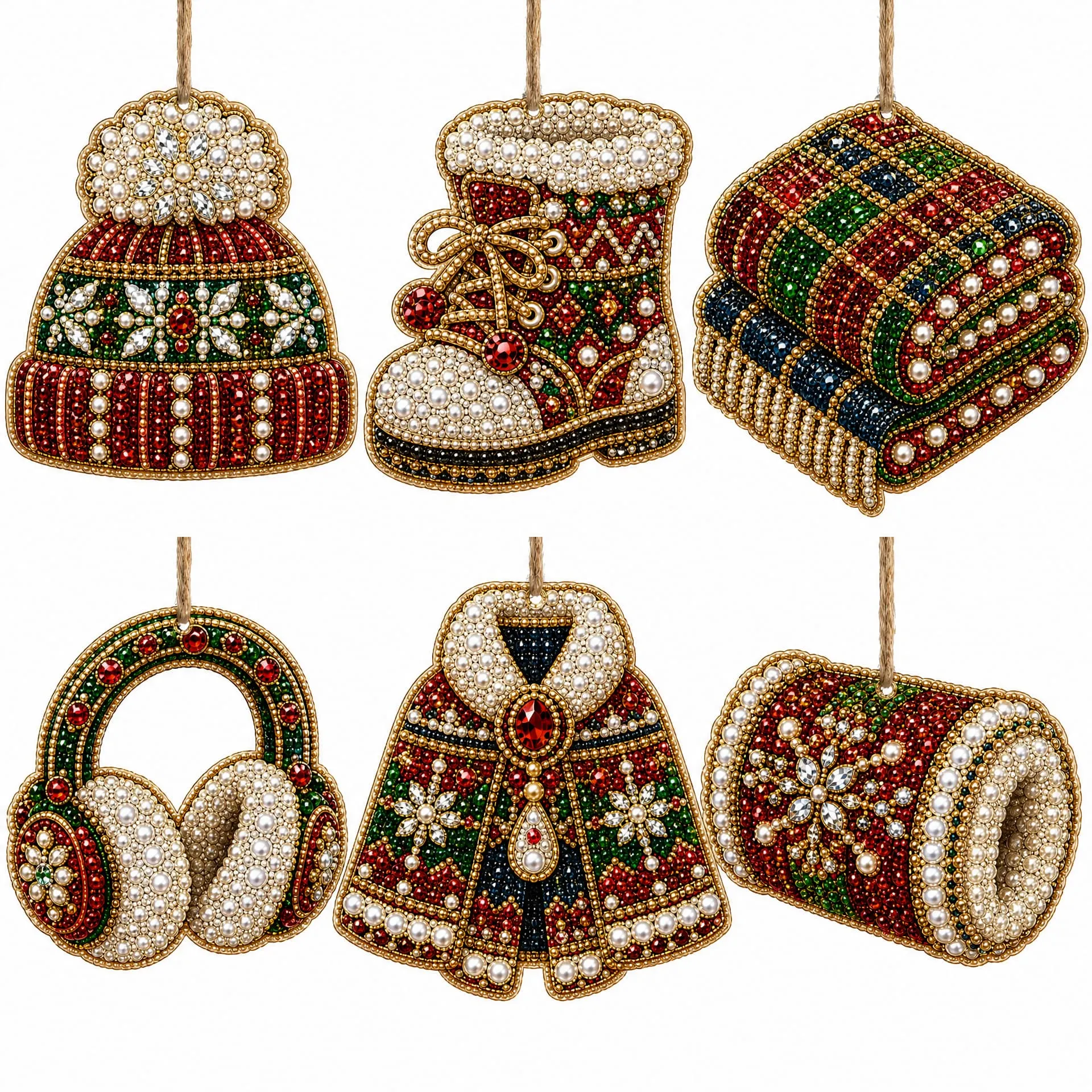 6pcs Cozy Winter Goods Pearl Art Diamond Painting  Pendant - Acrylic Christmas Tree Ornaments DIY Decor Kit