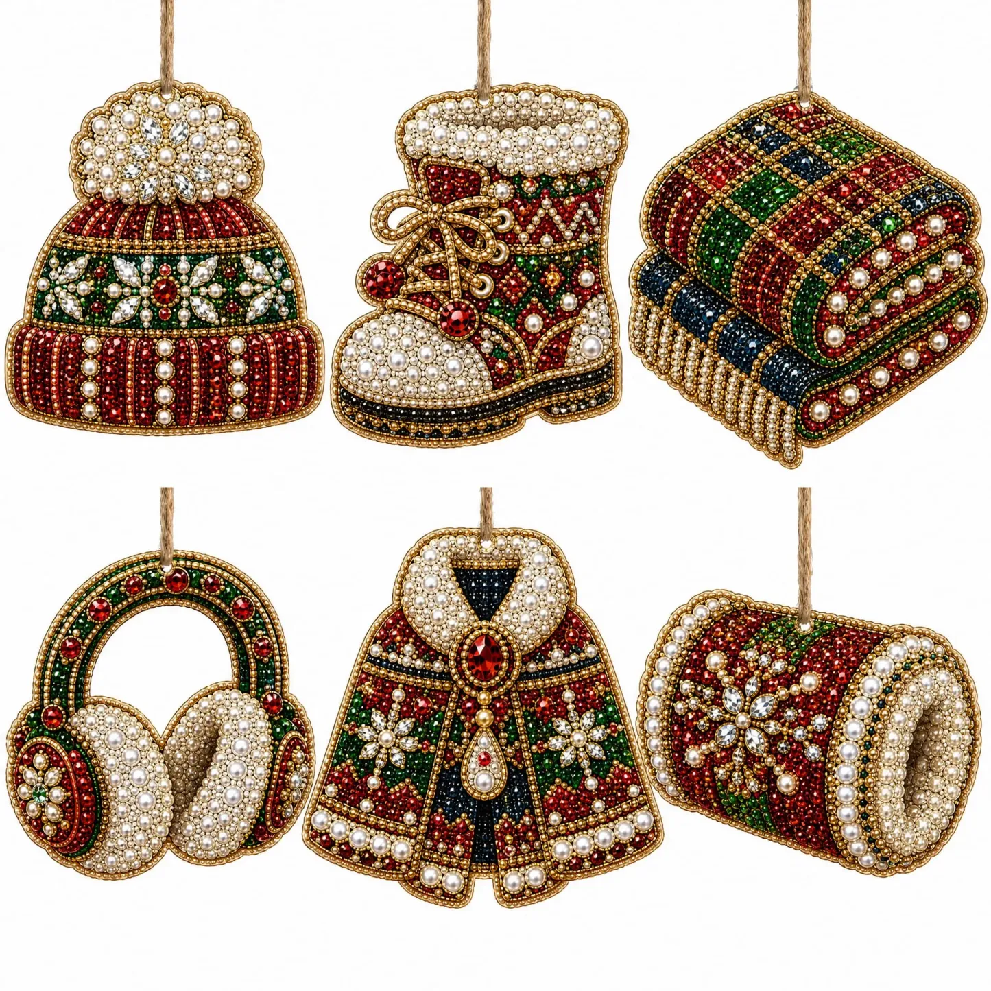6pcs Cozy Winter Goods Pearl Art Diamond Painting  Pendant - Acrylic Christmas Tree Ornaments DIY Decor Kit