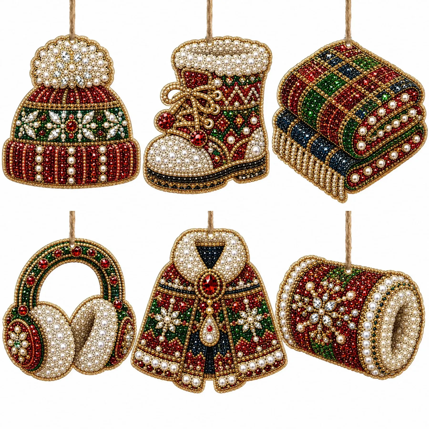 6pcs Cozy Winter Goods Pearl Art Diamond Painting  Pendant - Acrylic Christmas Tree Ornaments DIY Decor Kit