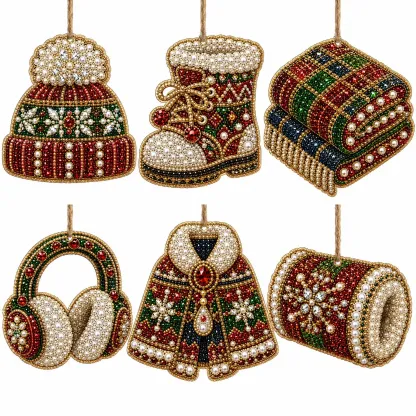 6pcs Cozy Winter Goods Pearl Art Diamond Painting  Pendant - Acrylic Christmas Tree Ornaments DIY Decor Kit