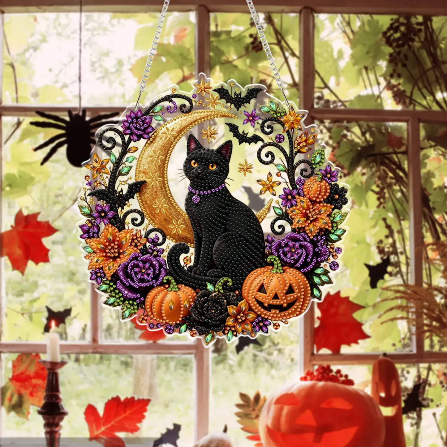 Halloween Black Cat Moon 2D Flat DIY Diamond Painting Charms for Wall Decor