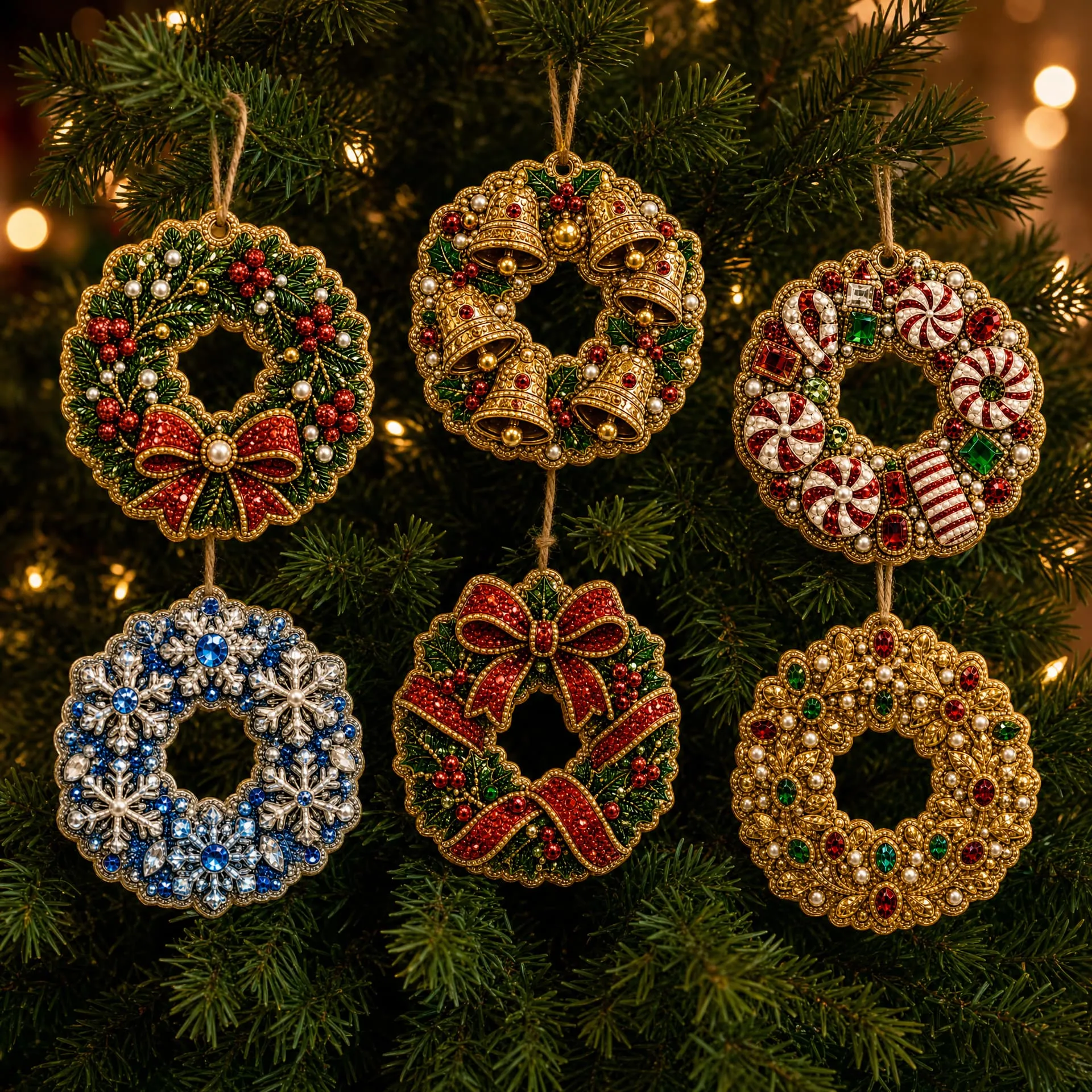 6pcs Festive Wreath Set Pearl Art Diamond Painting  Pendant - Acrylic Christmas Tree Ornaments DIY Decor Kit