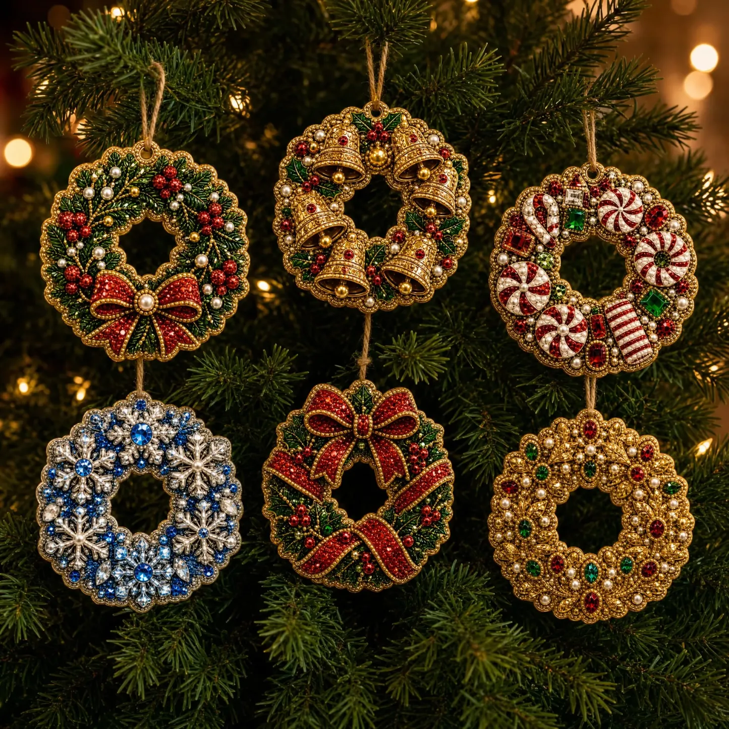 6pcs Festive Wreath Set Pearl Art Diamond Painting  Pendant - Acrylic Christmas Tree Ornaments DIY Decor Kit
